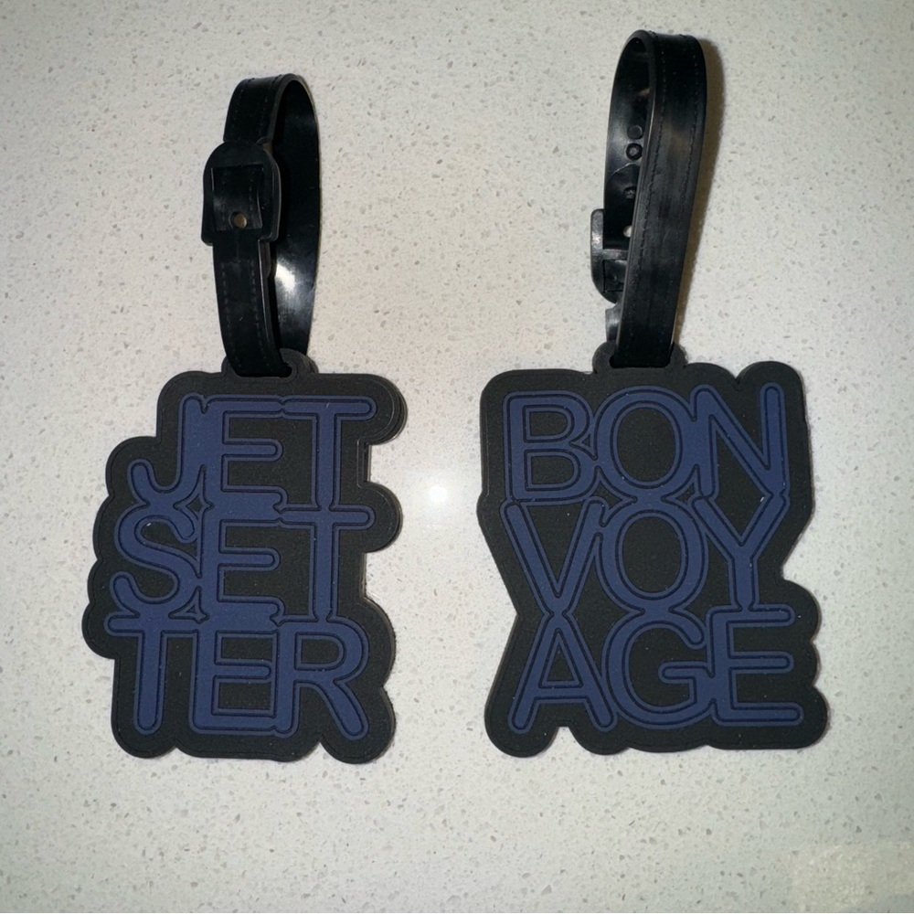 Luggage Tags Vacation Set of 2 Jetsetter Bon Voyage Black Blue Rubber Travel